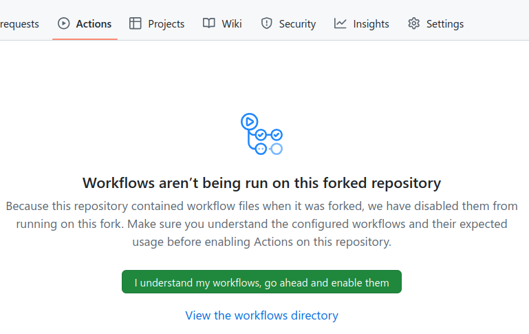 Screenshot showing how to enable workflows in GitHub forks