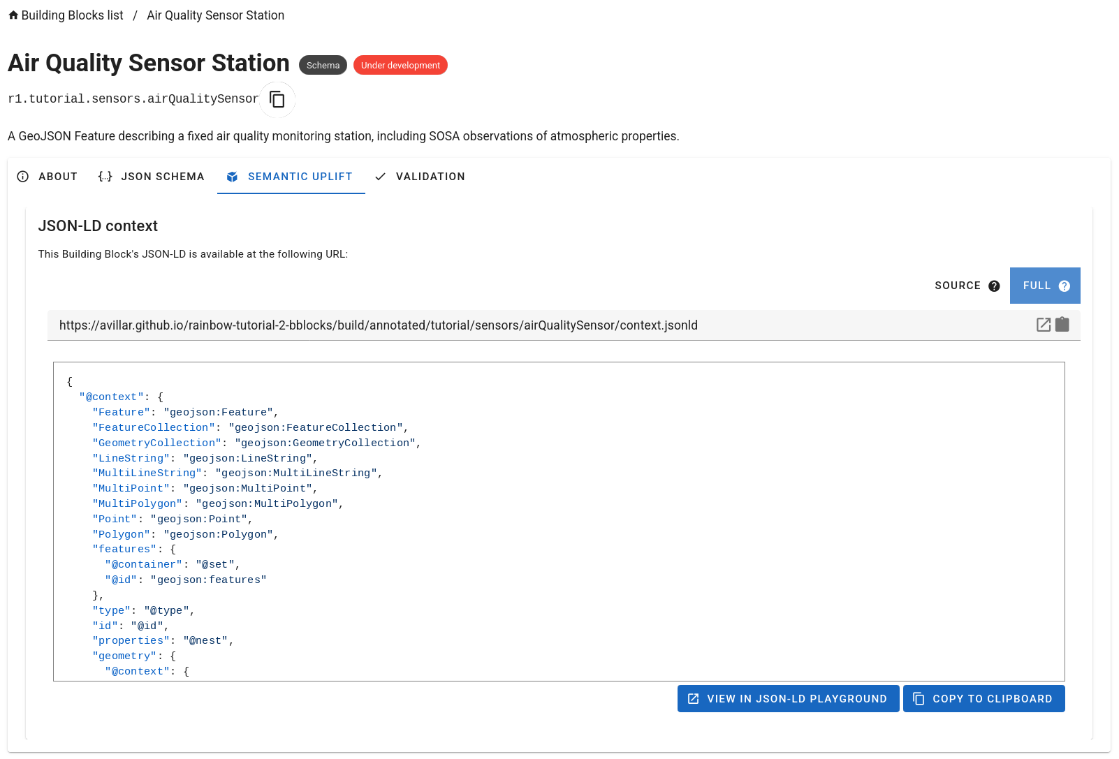OGC Block detail page — Semantic Uplift tab showing the published JSON-LD context URL